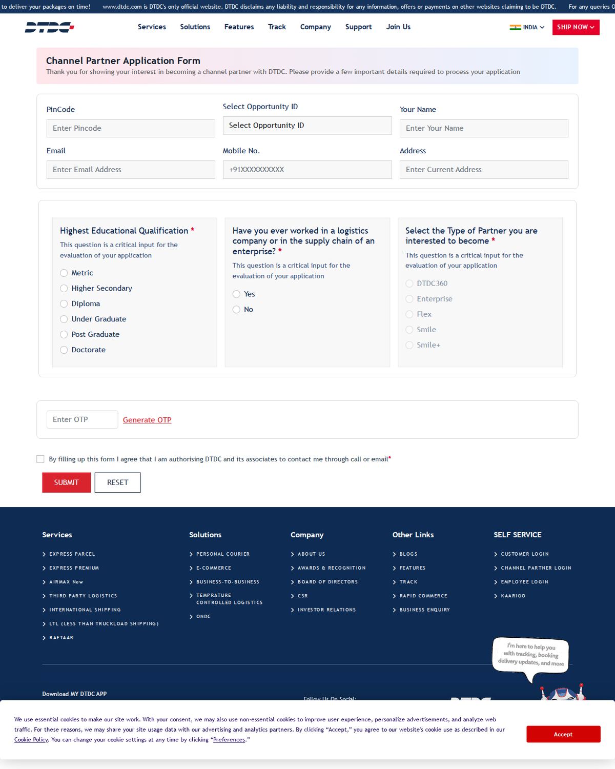 DTDC ki official website par Channel Partner Application Form — pincode, naam, email, mobile aur partner type ke fields