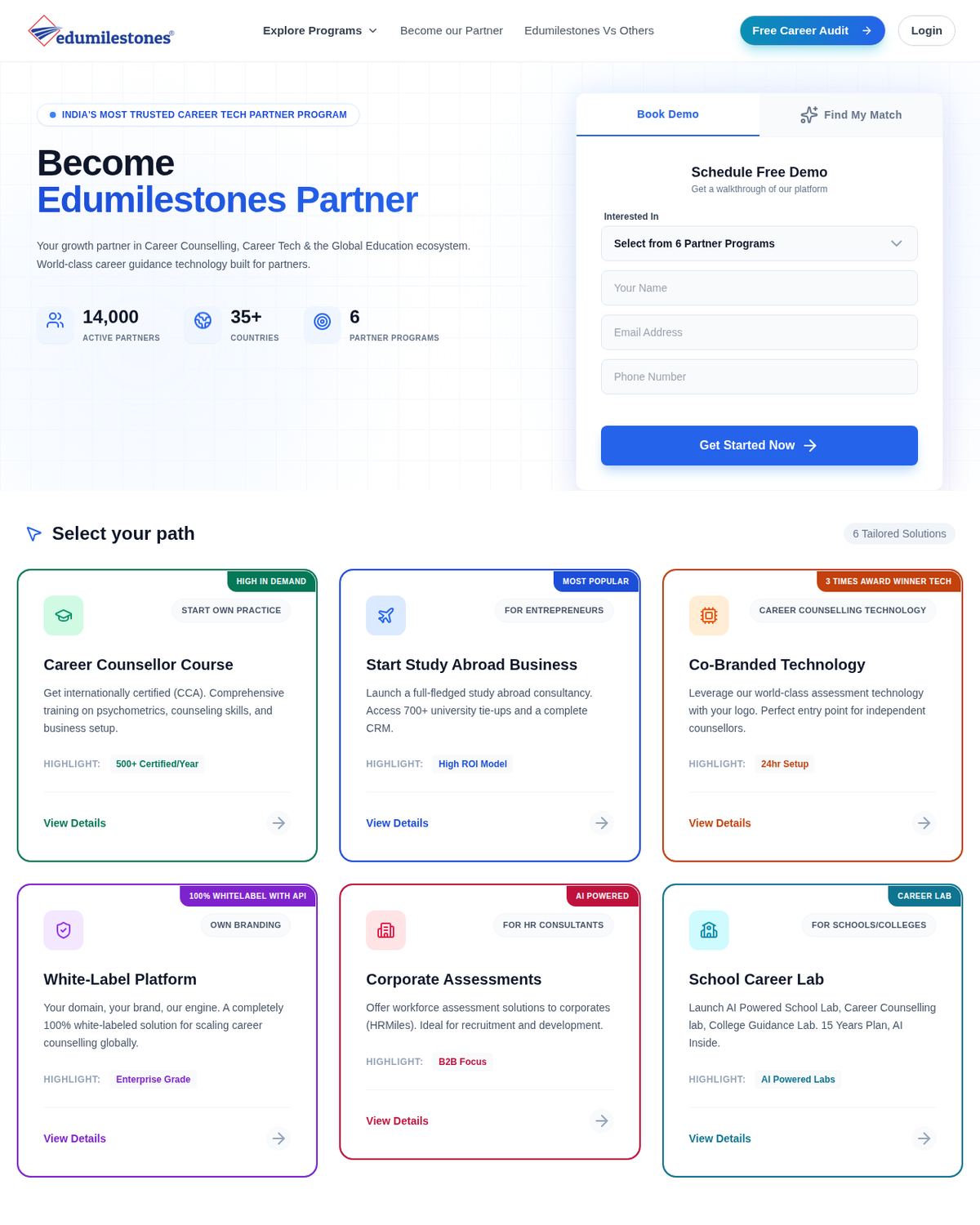Edumilestones ki official website par Become Partner page — 14000 partners aur demo booking form