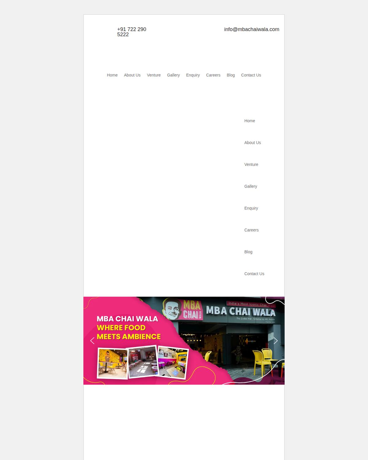 MBA Chai Wala ki official website — menu me Enquiry option aur official contact details