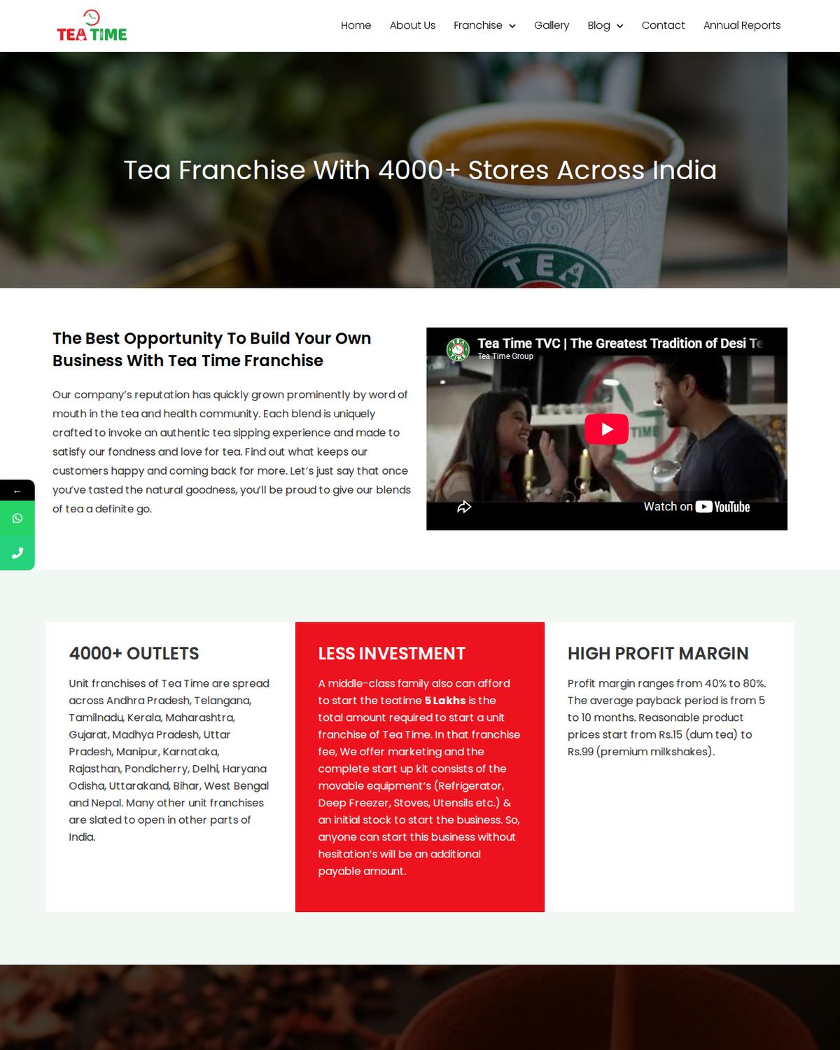 Tea Time ki official website par Unit Franchise page — 4000+ stores, 5 lakh investment aur profit margin ki jaankari